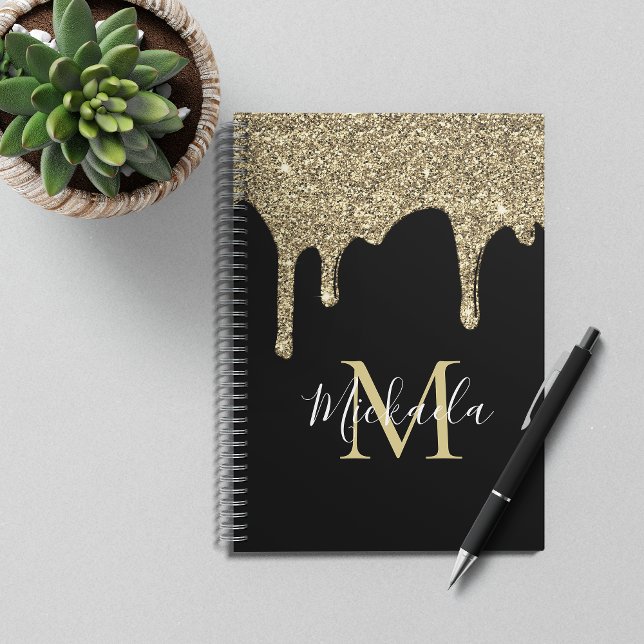 Monogram für Luxus Sparkle Gold Glitzer Tropfen Notizbuch (Von Creator hochgeladen)
