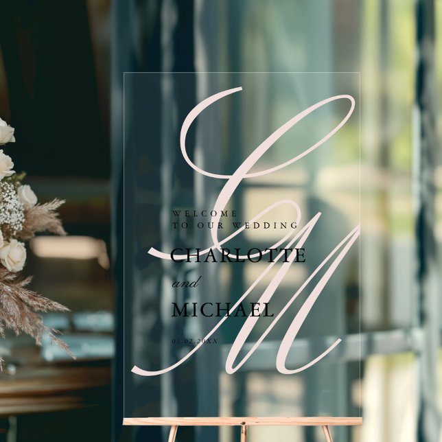 Monogram für Minimalistisches Skript-Schriftart |  Acrylschild (Minimalist Script Font Monogram | Elegant Wedding Acrylic Sign with your name and date.)