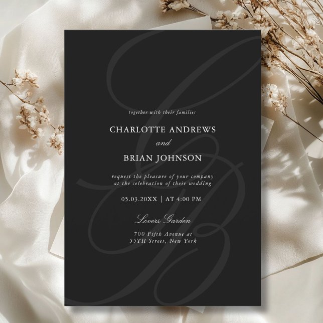 Monogram für Minimalistisches Skript-Schriftart |  Einladung (Minimalist Script Font Monogram | Elegant Wedding Black Invitation)