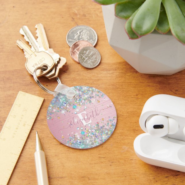 Monogram für moderne blush Holographic Imitats Gli Schlüsselanhänger (Schreibtisch)