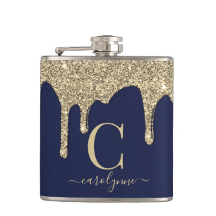 Monogram für Navy Blue Gold Glitzer Tropfen Flachmann