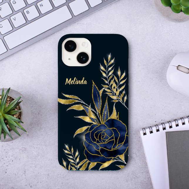Monogram für Navy Blue Rose Gold Blätter Case-Mate iPhone Hülle (Von Creator hochgeladen)