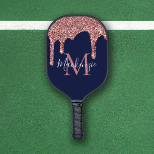 Monogram für Navy Blue Rose Gold Glitzer Tropfen Pickleball Schläger