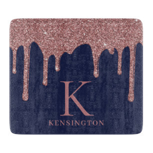 Monogram für Navy Blue Rose Gold Glitzer Tropfen Schneidebrett