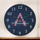 Monogram für Navy Blue & Rose Gold Sparkle Glitzer Große Wanduhr<br><div class="desc">Navy Blau und Rosa Rose Gold Sparkle Glitzer Monogram Name und erste Serving Wall Clock. Die Wall Clock ist das ideale Geschenk für jemanden,  der Rosengolden und den strahlenden Glitzer Midnight Blue Lieben.</div>