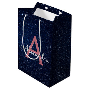 Monogram für Navy Blue & Rose Gold Sparkle Glitzer Mittlere Geschenktüte