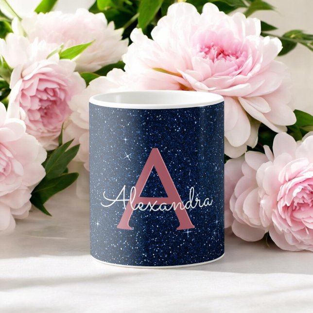Monogram für Navy Blue & Rose Gold Sparkle Glitzer Tasse (Von Creator hochgeladen)