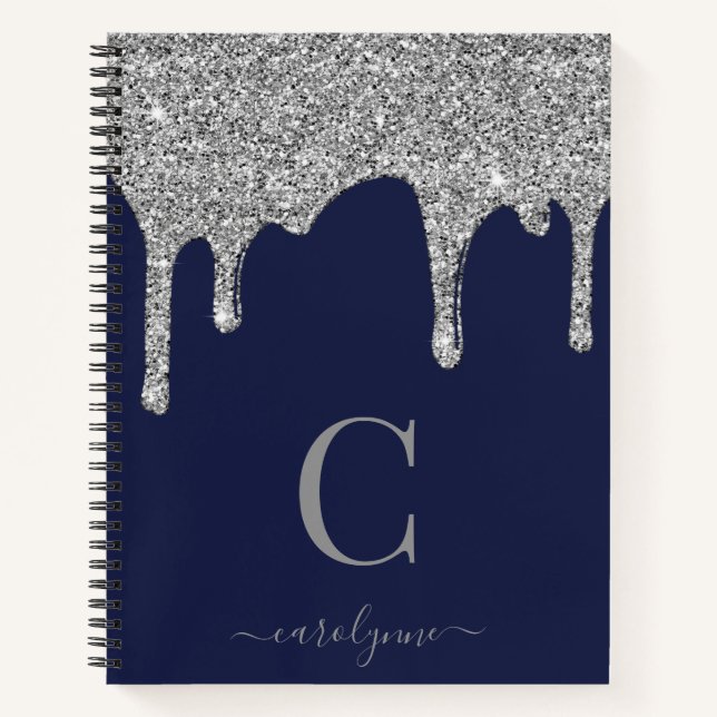 Monogram für Navy Blue Silver Sparkle Glitzer Trop Notizbuch (Vorderseite)