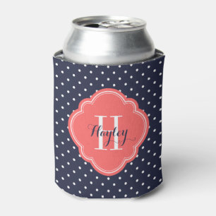 Monogram für Navy Blue und Coral Polka Dots Dosenkühler