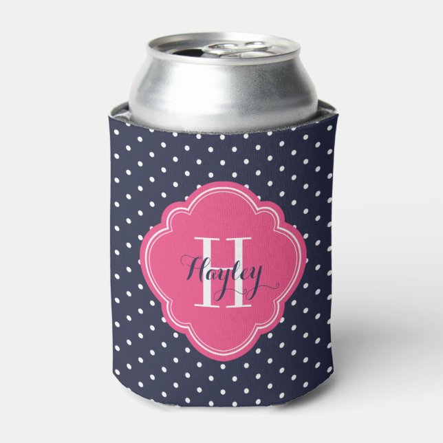 Monogram für Navy Blue und Pink Polka Dots Dosenkühler (Kanne Vorderseite)