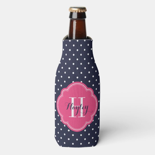 Monogram für Navy Blue und Pink Polka Dots Flaschenkühler (Flaschenvorderseite)