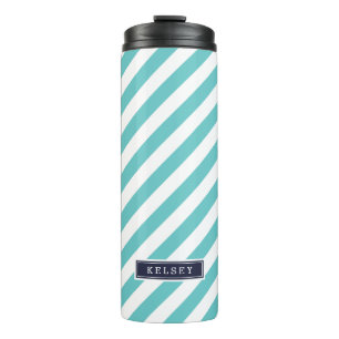 Monogram für Navy Blue und Turquoise Preppy Strips Thermosbecher