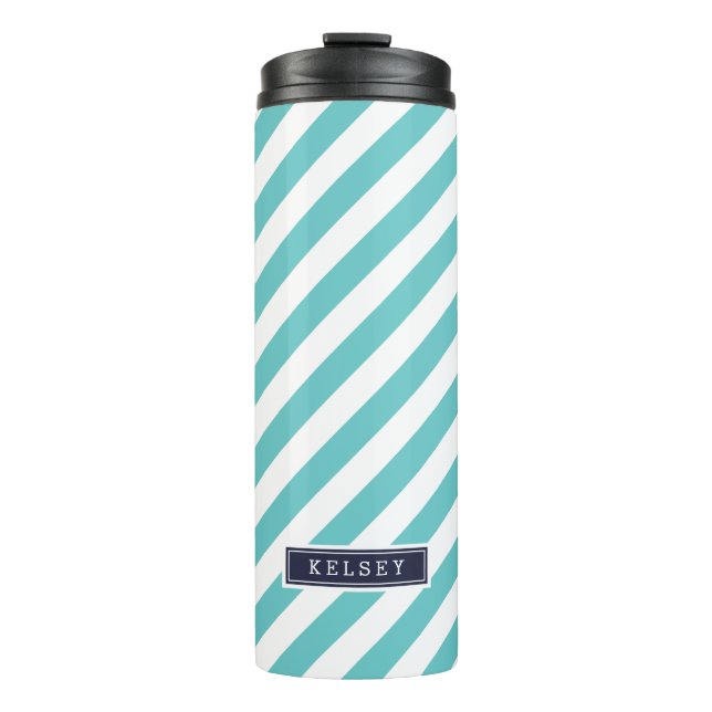 Monogram für Navy Blue und Turquoise Preppy Strips Thermosbecher (Vorderseite)