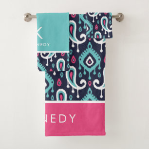 Monogram für Navy und Pink Ikat Paisley Badhandtuch Set