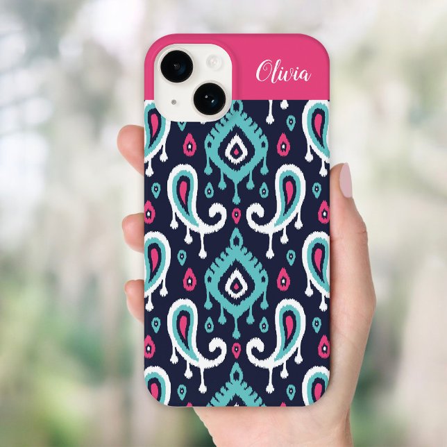 Monogram für Navy und Pink Ikat Paisley Case-Mate iPhone Hülle (Von Creator hochgeladen)