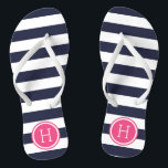 Monogram für Navy und Pink Preppy Strips Flip Flops<br><div class="desc">Maßgeschneiderte,  bedruckte Flop-Sandalen mit einem preppy-nautical-Stripe-Muster und einem eigenen Monogramm oder einem anderen Text in einem Circle-Rahmen. Klicken Sie auf Anpassen,  um Schriftart und Farben zu ändern oder eigene Bilder hinzuzufügen,  um ein einzigartiges Design zu erstellen!</div>