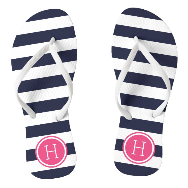 Monogram für Navy und Pink Preppy Strips Flip Flops (Fußbett)