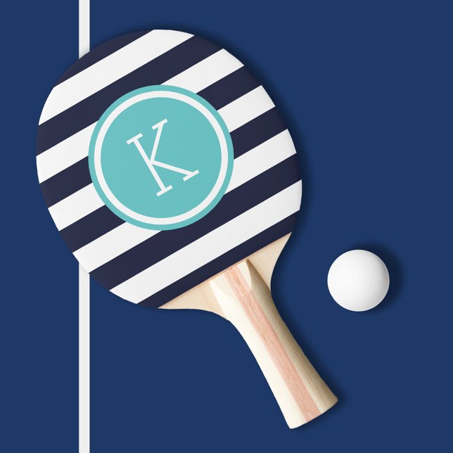 Monogram für Navy und Türkis Preppy Strips Tischtennis Schläger (Von Creator hochgeladen)