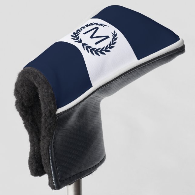 Monogram für personalisierte Navy & White Laurel W Golf Headcover (3/4 Vorderseite)