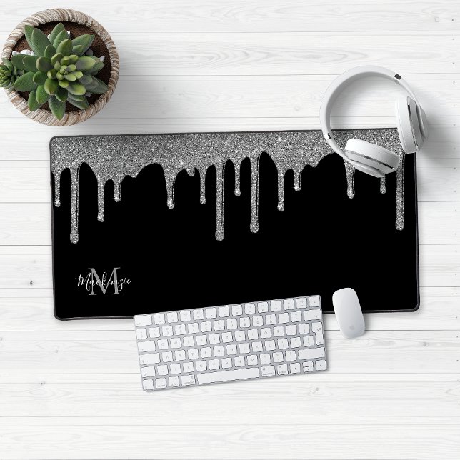 Monogram für Sparkle-Glitzer-Tropfen in Schwarz-Si Schreibtischunterlage (Black and Silver Glitter Drips Desk Mat Mouse Pad)