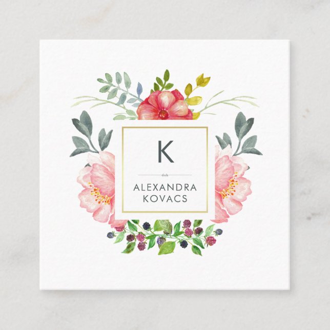 Monogram für trendy Watercolor Peony Blume Quadratische Visitenkarte (Vorderseite)