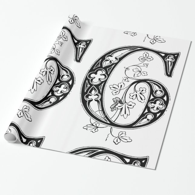 Monogram G Initial Black and White Floral Pattern Geschenkpapier (Ungerollt)