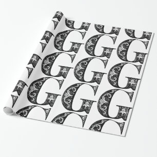 Monogram G Initial Black and White Floral Pattern Geschenkpapier