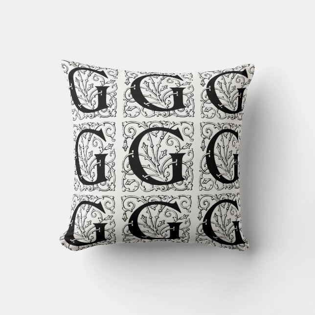 Monogram G Initial Black and White Floral Pattern Kissen (Vorderseite)