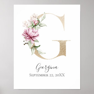 Monogram G Pink White Floral Gold Letter Kinderzim Poster