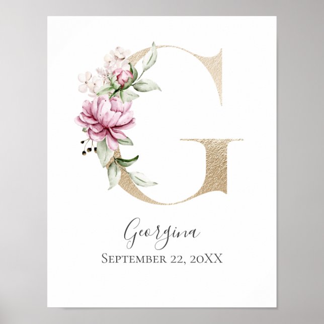 Monogram G Pink White Floral Gold Letter Kinderzim Poster (Vorne)