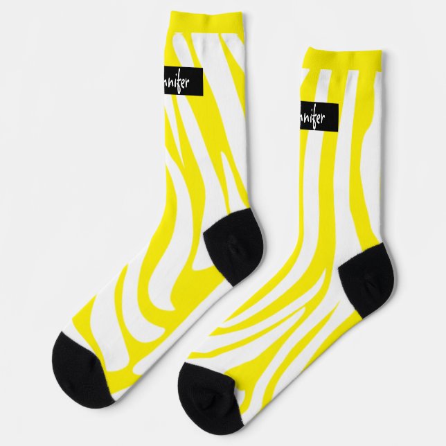 Monogram gelb gestreiftes Zebra-Muster Trendy Socken (Linkes Detail)