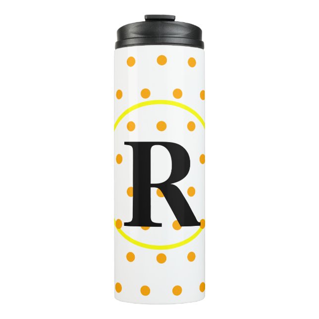 Monogram Gelb-Orange-Polka-Punkte Thermosbecher (Vorderseite)
