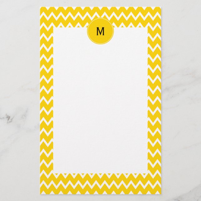 Monogram Gelb und Weiß Zigzag Muster Briefpapier (Vorderseite)