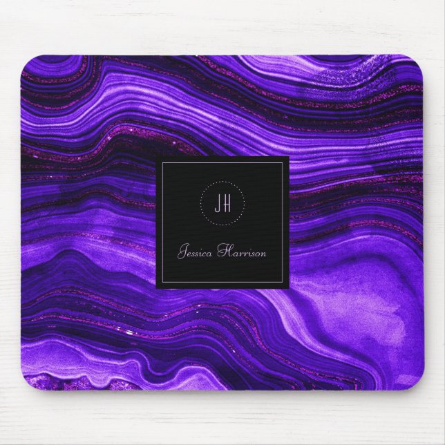 Monogram Geode Dark Lila Black Abstrakt Agate Mousepad (Vorne)