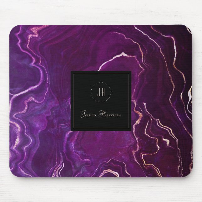 Monogram Geode Dark Lila Black Abstrakt Agate Mousepad (Vorne)