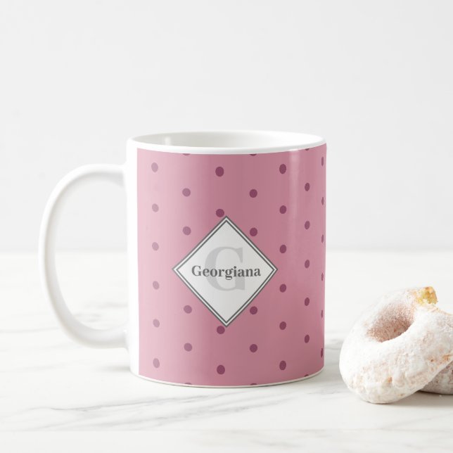 Monogram Geometric Dusky Rose Red Polka Dots Kaffeetasse (Mit Donut)
