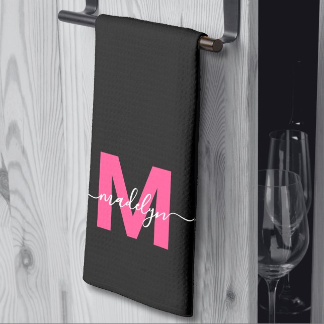 Monogram Geschirrtuch (Black Pink Script Name Monogram kitchen towel )