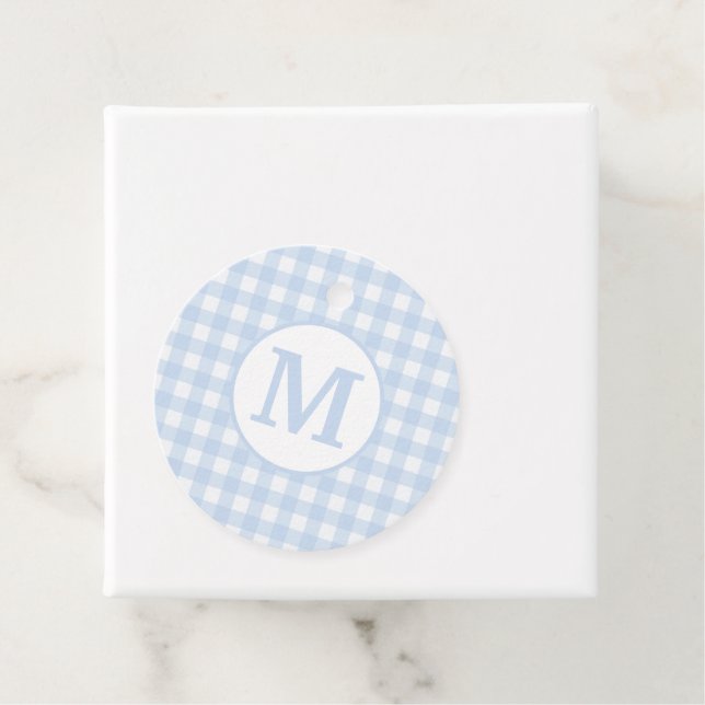 Monogram Gingham Muster in Soft Baby Blue Geschenkanhänger (Beispiel)