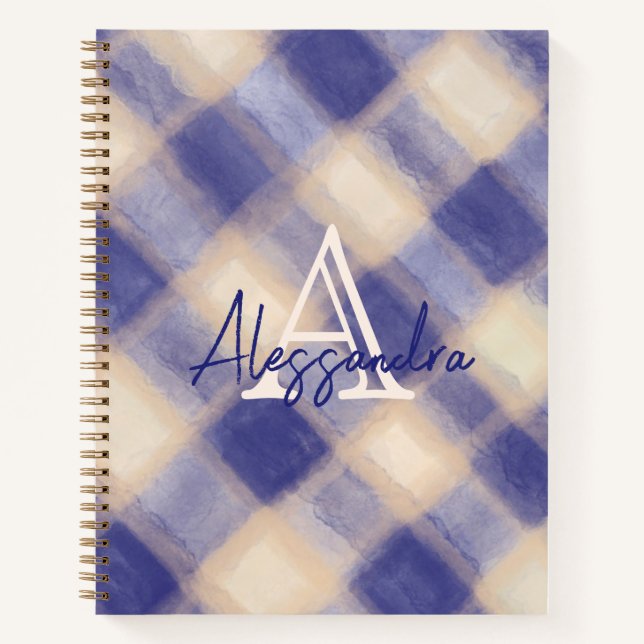 Monogram Gingham navvy Blue Creme Tartan Karo Name Notizbuch (Vorderseite)