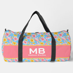 Monogram Girl Floral Pink Blauer Personalisierter  Duffle Bag