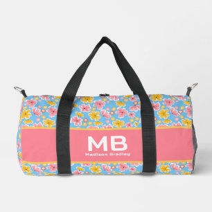 Monogram Girl Floral Pink Blauer Personalisierter  Duffle Bag