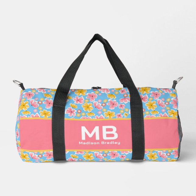 Monogram Girl Floral Pink Blauer Personalisierter  Duffle Bag (Vorderseite)