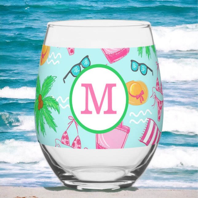 Monogram Girl's Weekend Favor Bikini Palm Tree Weinglas Ohne Stiel (Von Creator hochgeladen)
