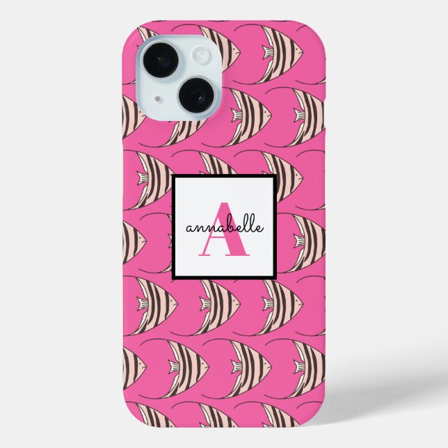 Monogram Girly Pink Fish Muster Personalisiert Case-Mate iPhone Hülle (Rückseite)