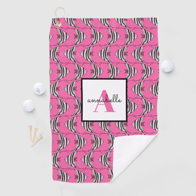 Monogram Girly Pink Fish Muster Personalisiert Golfhandtuch (Insitu)