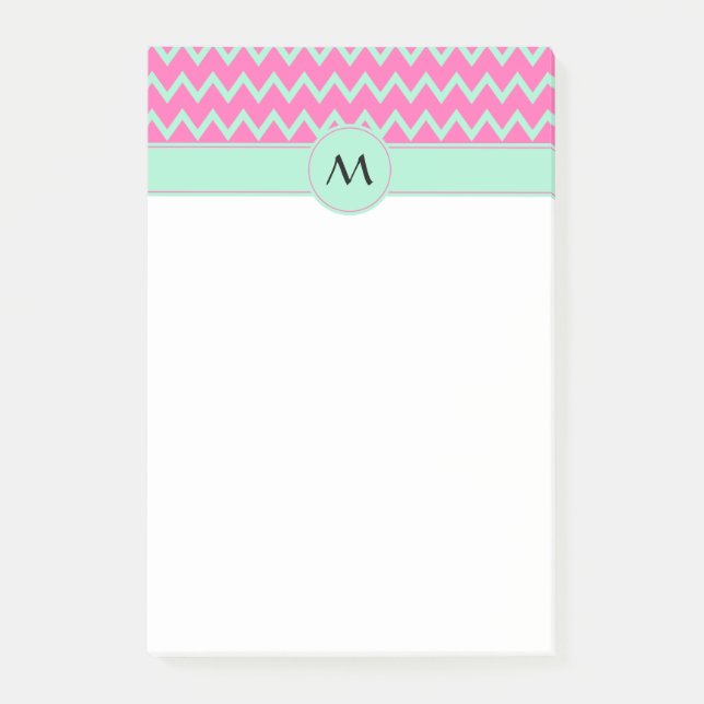 Monogram Girly Pink und Green Zigzag Muster Post-it Klebezettel (Vorderseite)