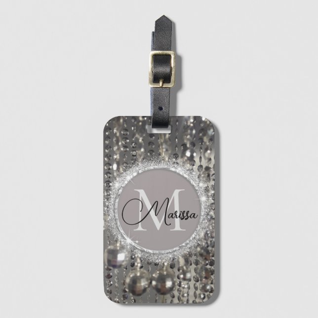 Monogram Glittery Silver Streichperlen Gepäckanhänger (Vorderseite Vertikal)