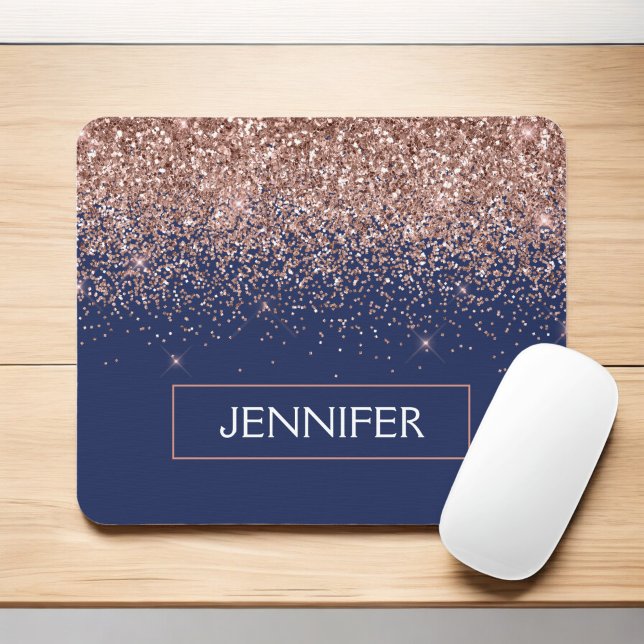Monogram Glitzer Blush Pink Rose Gold Navy Blue Mousepad (Von Creator hochgeladen)