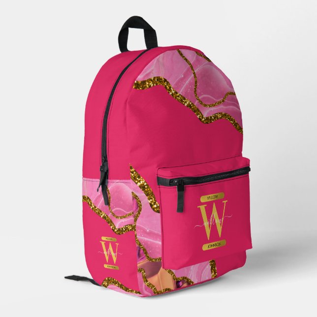 Monogram-Glitzer-Schule für Rosa und Gold-Agate Ge Bedruckter Rucksack (Rückseitige Ecke links)