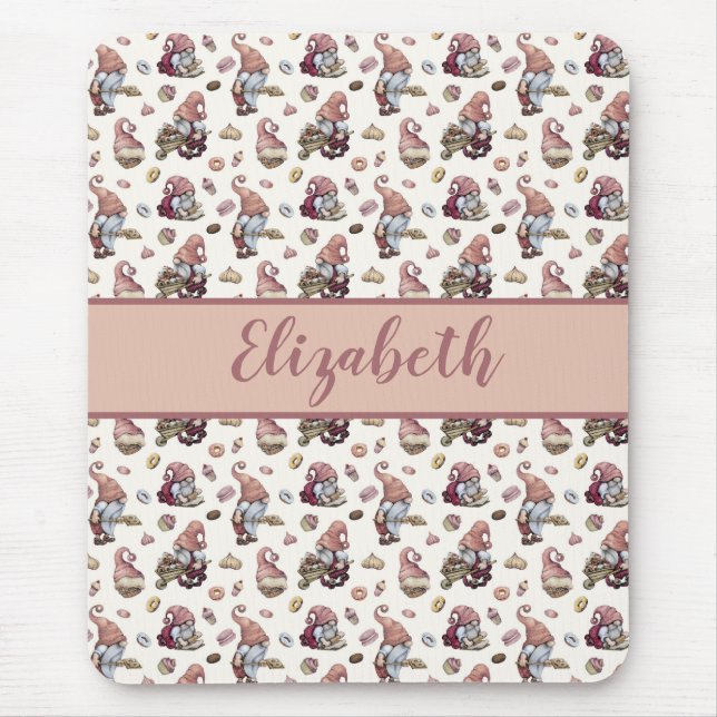 Monogram Gnomes Baking Cupcakes Donuts Pink Script Mousepad (Vorne)